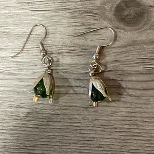Green Crystal Flower Dangle Earrings Silver Tone